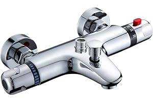 Vinteky Válvula Termostática de Baño, Grifo Termostático de Ducha, Mezclador Termostático para Bañera con el Botón de Seguridad 38 ℃ (Salida Superior)