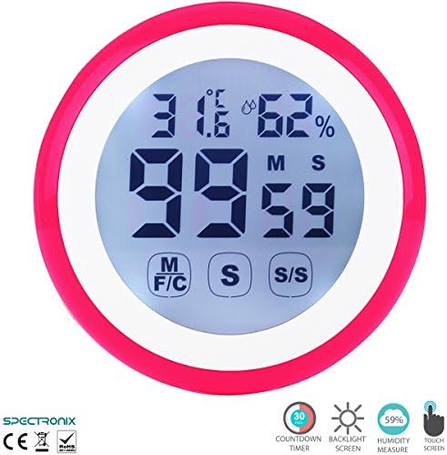 Spectronix Kitchen Countdown Timer and Touchscreen Digital Indoor Home Comfort Monitor | Displays Room Temperature &amp; Humidity | LCD &amp; Backlight Display with Magnetic Back | Hygrometer for Home &amp; Office - Timer Version (Red)