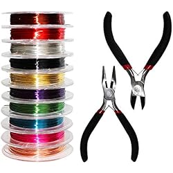 Kurtzy Pinces et Câbles - 10 Rouleaux de Fil de Cuivre Coloré et 2 Pinces pour Fabrication de Bijoux, 1 Pince Coupante et 1 Pince Plate - Kit Réparation Bijoux pour Loisirs Créatifs, Perles