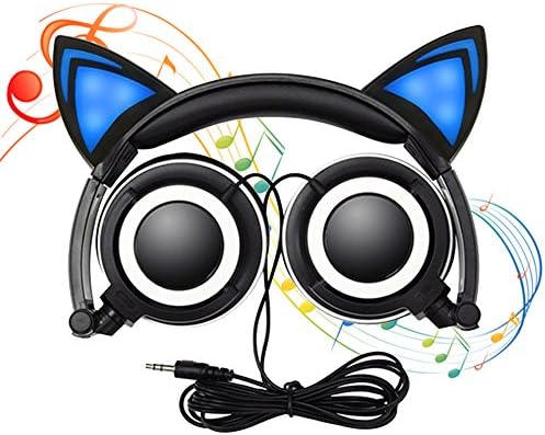 KEBIDU Cat Ear Headphones with Glowing Ears Cartoon Headphones for Kids Foldable Ear Kids Headphone with Glowing Light for Girls Cosplay Fans Compatible with iPhone Android Phone