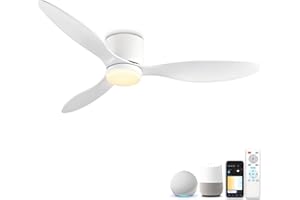 ycwdcz Smart Ceiling Fans with Lights, 42” Low Profile Flush Mount for Bedroom, WiFi Voice Control via Alexa/Google Home, Quiet DC Motor, Dimmable LED 3 Colour Temps, 6 Speeds, Reversible – White