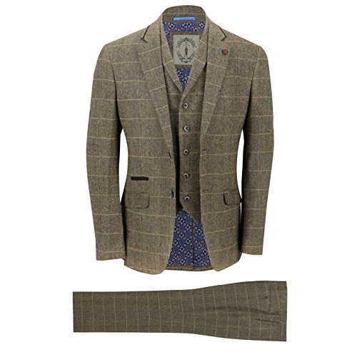Mens Piece Tweed Suit Vintage Tan Brown Herringbone Check