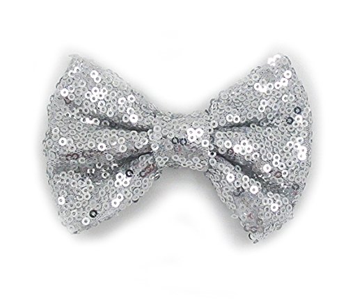 PrettyBoutique 4 Inches Girls Sequin Glitter Sparkle Hair Bow Clip Accessories (Silver)