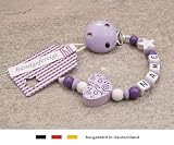 Baby SCHNULLERKETTE mit NAMEN | Schnullerhalter mit Wunschnamen - Mädchen Motiv Herz Ornament in flieder