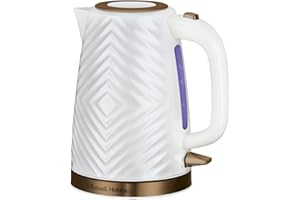 Russell Hobbs Groove Electric 1.7L Cordless Kettle (Fast Boil 3KW, White textured plastic with brushed gold accents, Removable washable anti-scale filter, Push to open lid, Perfect pour spout) 26381