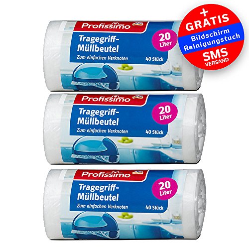 Müllbeutel mit Tragegriff - 20 Liter - Reißfest & Flüssigkeitsdicht - 3er Pack - 120 Stück ( 3 x 40 Stück) - Produkt & Verpackung recyclebar-