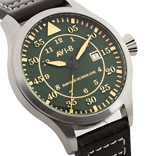 AVI-8 Hawker Hurricane Men's Quartz Watch with Green Dial Analogue Display and Brown Leather Strap AV-4012-03