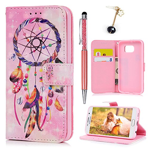 Lanveni S6 Hülle, Handyhülle für Flip Case Cover PU Lederhülle Schutzhülle Magnetverschluss Ledertasche mit Stander Function Brieftasche Card Slot Handy Tasche mit Feder-Windspiele Cover Design für Samsung Galaxy S6 + 1 x Stylus Stift + 1 x Staubdichte Stecker