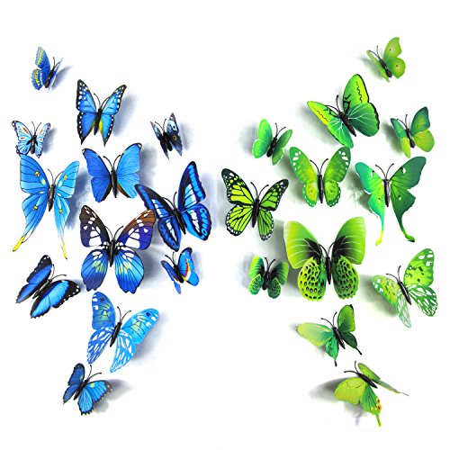 Mangotree 12 Stück/Polybeutel Abnehmbar 3D Lustige Bunte Schmetterlinge Wand Kings Schmetterlinge Hauptdekor Kunst Design Aufkleber Wand (Grün, 24pc) - 6