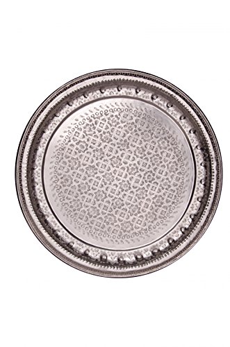 Orientalisches rundes Tablett aus Metall Amana 77cm | Marokkanisches Teetablett rund in der Farbe Silber | Orient Silbertablett silberfarbig | Orientalische Dekoration auf dem gedeckten Tisch