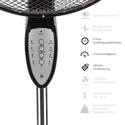 Klarstein Summerjam • Ventilator • Standventilator • mit Fernbedienung • leise • 5-Blatt-Rotor • 16″ (41cm) Durchmesser • Zuschaltbare 80°-Oszillation • energiesparend • 50 Watt • 3 Geschwindigkeiten • 4 Timer-Einstellungsmöglichkeiten • stabiler Fuß • schwarz - 3