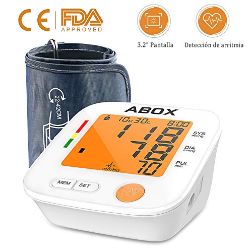 ABOX Tensiómetro de Brazo Digital, 2 x 90 memoria y 22-42cm largo manguito de preciso resultado con detección del pulso arrítmico, 2 modos de alimentación para fácil uso, Certifica FDA CE