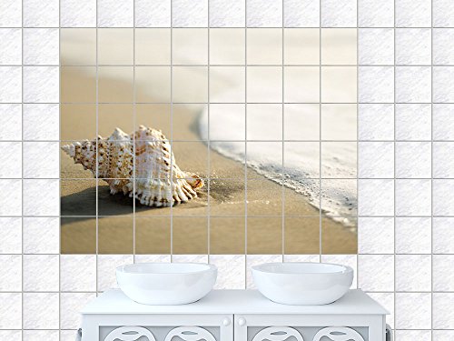 Fliesen Aufkleber mit Shell in Wellen Design (ideal für Küche und Bad), Bildformat:90x60cm(BxH), Fliesenmaß:15x15cm(BxH)