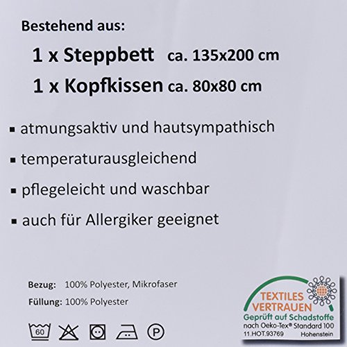 Premium Steppbett Steppbettdecke 135 x 200 cm im Set mit Kopfkissen 80 x80 cm für Allergiker geeignet - 3