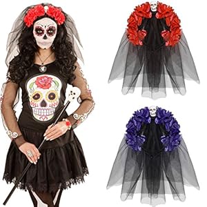 Banda pelo Día de los muertos Bisutería La Catrina Velo Halloween Diadema cráneo Complemento para el cabello de calavera y rosa Diadema fiesta mexicana