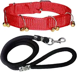 Adios Dog Belt Combo of Red Ghungroo Dog Collar with Black Lead Specially for Medium Breed Dog Collar Leash