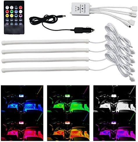 LYLLA 4pcs 12 inch Multi-Color 7 Color Music LED Car Interior Underdash Lighting Kit Sound Activated IR Remote Control Atmosphere Lamp with Car Charger