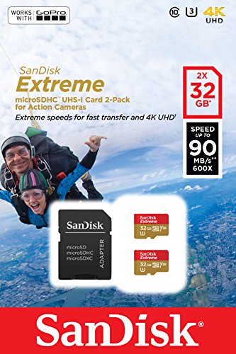 SanDisk Extreme 32GB microSDHC für Action-Sport-Kameras Speicherkarte Twin Pack bis zu 90 MB/Sek, Class 10, U3, V30