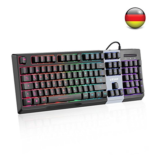 Preisvergleich Produktbild LESHP RGB Gaming Tastatur,Klangsteuerung Musiktastatur, 105 Tasten, LED-Hintergrundbeleuchtung 7 Farben Helligkeit- Schwarz - QWERTZ, deutsches Layout