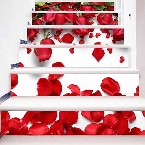 KKYLOVEJ Combination Set Stairs Stickers Elegant 3D Red Rose Petals Wall Decals FOr Valentine's Day DIY Murals Removable , 1 Set 18 pcs , 100*18cm
