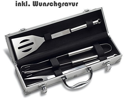 Hochwertiges Edelstahl Grillset / Grillbesteck inkl. Wunschgravur im Alukoffer REFLECTS Tampico Silber graviert