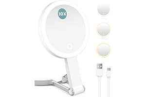 ‎COOVEE Coovee Schminkspiegel mit Beleuchtung, Wiederaufladbar Tragbar Spiegel Kosmetikspiegel mit 3 Lichtfarben, Klares Bild Vergrößerungsspiegel 10-fache/1-fach, Hängende Klappspiegel Tischspiegel