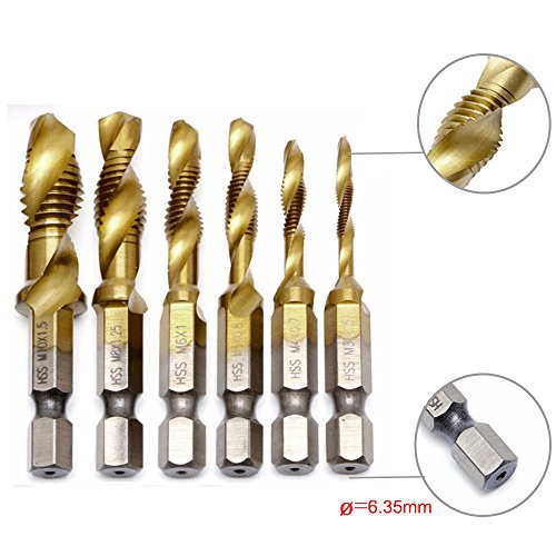 JTENG 6 teilig Kombi Gewindebohrer Bit Satz 1/4“ HSS M3-M10 Schraube Sechskantschaft Senker Werkzeuge Bohrer Bit Set Maschinengewindebohrer Drill Bits Satz Edelstahl HSS - 2