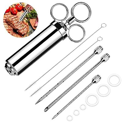 Vegena Seringue Alimentaire de Cuisine 60ml avec 3 Aiguilles +2 brosses de Nettoyage Seringue à Marinade INOX pour Poulet Bœuf Dinde Viande Rôtis Barbecue (Argent)