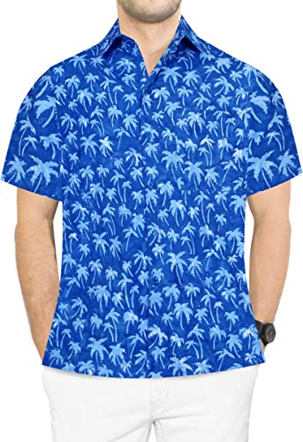 LA LEELA Fiesta en la Playa de Hawai Cuello difusión Informal de Manga Corta de los Hombres de la Camisa Hawaiana Bolsillo Delantero XXL-Pecho Contorno (in cms):137-149 Azul Real_AA172