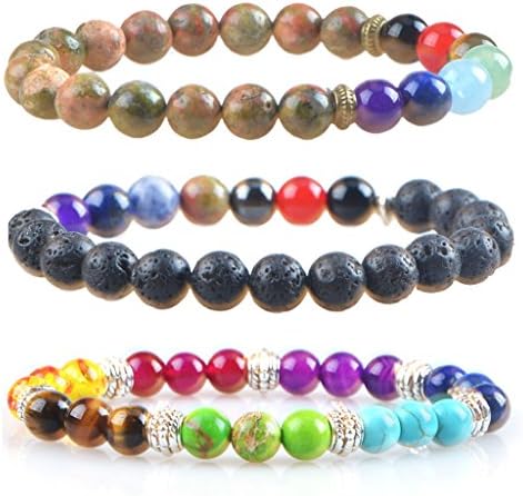 MIKINI Unisex Womens 7 Chakra Bracelets Black Onyx Amethyst Healing Energy Stone Mala Bracelets - Pack of 3 (Lava Stone/Unakite/7 Chakras Stone)