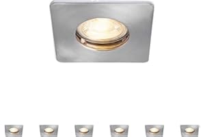 NATIONAL LIGHTING Fire Rated Downlights, Square Ultra Slim, Brushed Chrome Bathroom/Shower Ceiling Lights, GU10 LED, Dimmable Recessed Spotlights IP65 Rated - Pack of 6