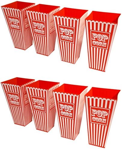 8 X Retro Striped American Plastic Popcorn Holder 20cms Tall approx Tub Popcorn Box Great For Movie Nights Cinema Parties Theatre