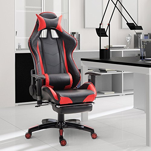 Homcom Fauteuil de Bureau Manager Grand Confort Style baquet Racing Gamer pivotant inclinable avec Coussins et Repose-Pieds Simili Cuir Noir Rouge 00RD