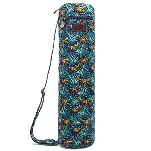 Yoga Mat Bag, Boence Full Zip Exercise Yoga Mat Sling Bag with Sturdy Canvas, Smooth Zippers, Adjustable Strap, Large Functional Storage Pockets - Fits Most Size Mats (Green Leaves)