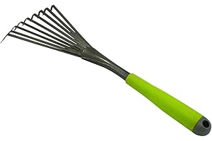 Xclou Kleinbesen in Schwarz, pulverbeschichteter Rechen mit Silber-Hammerschlag, Kleinrechen mit formgerechter Handgriff, Gartenwerkzeug mit 9 flachen Federstahlzinken, rostfreie Laubharke