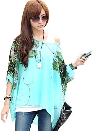 Culater® Bohemia Women Floral Batwing Chiffon Loose T-Shirt Blouse Top (L)