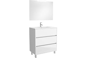 SALGAR Conjunto Mueble baño 80 cm 100% montado de fábrica con Lavabo, Espejo y Aplique | Modelo Arenys color Blanco lacado Brillo a suelo con patas 3 cajones con Lavabo Porcelana blanca y aplique de luz Led
