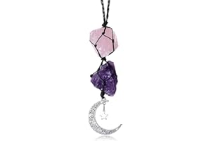Sahoottie Amethyst Rose Quartz Crystal Hanging Ornament Car Hanging Accessories Moon Star Purple Pink Raw Crystal Pendant Reiki Boho Decorative Window Wall Hanging Car Charm