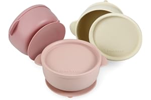 PandaEar Juego de 3 tazones para bebé con succión | Tazones de silicona a prueba de fugas que se mantienen en su lugar con tapas para bebés, niños pequeños e infantes -Rosa