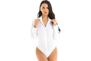 Mufeng Body da Donna Camicia Bianca Maglia Elegante a Maniche LungheCorte Slim Estiva Maglia Colletto Perizoma Bodysuit Shirt Body Shaper Abito Ufficio Casuale