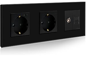 BSEED Gniazdko Schuko z 1/2 PC z panelem TV, czarne szkło, antena TV coaxial i RJ55 Cat5e Ethernet 16 A gniazdko 228 mm, podwójne gniazdko ścienne