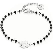 Bracciale Portafortuna Con Ciondolo Quadrifoglio - Acciaio Inox, Perline Nere, Regalo Elegante - Foto 11