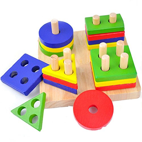 Fajiabao Birthday Gifts for Toddle Babies Colorful Wooden Blocks Shape and Colour Stacker Sorter Sorting Early Learning Activity Toys