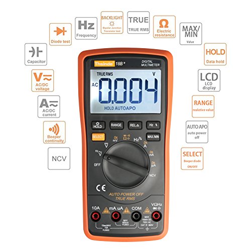 Thsinde Digital Multimeter mit Automatischer Bereichswahl (Auto-Ranging), hintergrundbeleuchtetem LC-Display (6000 Counts), mit Messleitungen und Krokoklemmen. Zur Gleich- und Wechselspannungsmessung mit Spannungswarnung, Strom-, Widerstands- und Diodenmessung, Durchgangsprüfung und Frequenzmessung. Äußerst praktisch für alles rund um’s Haus, für Elektronik- und Heimwerkeranwendungen. - 3