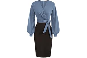 GRACE KARIN Femme Travail Robe de Cocktail Col en V Manches Longues Crayon avec Ceinture élégante