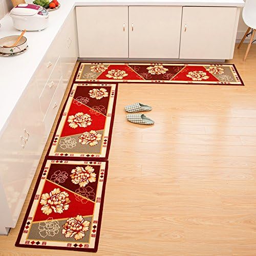 FQG*Mats in the door entrance door mat kitchen foot bath anti-slip pad long water absorption home mat bath pad ,50CM×180CM suitable for the edge of the bed , Kitchen window on a red ground Peony