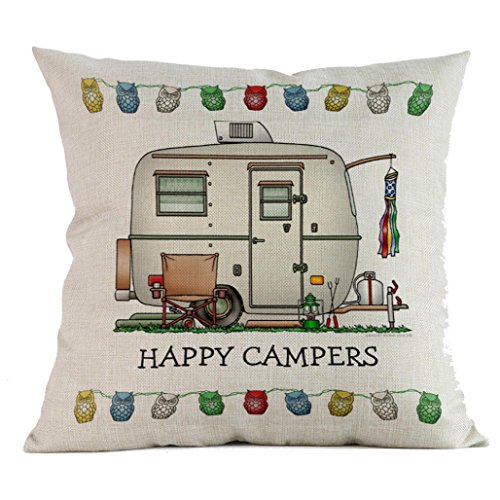 Funda de Almohada para cojín Sofá Navidad decoración del hoga PAOLIAN Estampado Alfabeto 'happy campers' Cintura Lino Funda de Almohada de silla Coche Impresion Almohada de Cama Funda Pillow de Cuadrado 45cm x 45cm (Beige-A)
