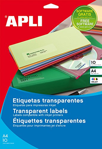APLI 10053 - Etiquetas transparente  210 x 297 mm  paquete de 10 