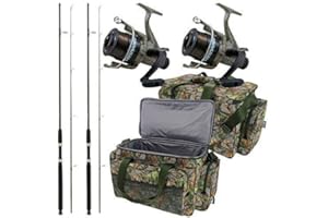 DNA Deluxe Complete Camo Carp Coarse 2x Fishing Rod & 2x Reel Combo Set including an Insulated Padded Carryall Bag. Perfect for Baits. or Food!
