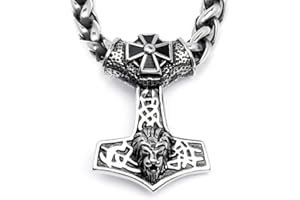 Schmuck-Checker XL Thors Hammer mit Löwenkopf und Eisernes Kreuz aus 316L Edelstahl Anhänger + XL Halskette Männer-Schmuck Biker-Geschenk 60cm
